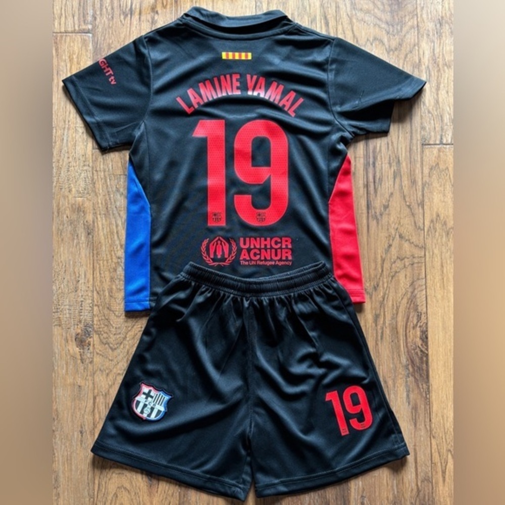 KIDS Lamine Yamal 16 Jersey Black Barcelona Soccer Kit 2 Piece Set - NWT